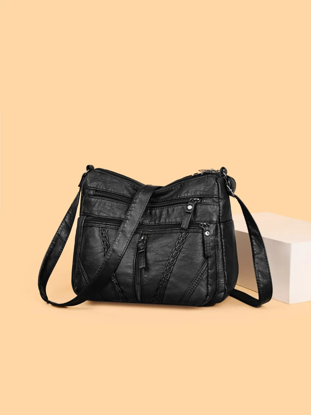 Gevlochten detail PU Lederen Crossbody Tas – Medium Schoudertas met Meerdere Ritsen voor Dames