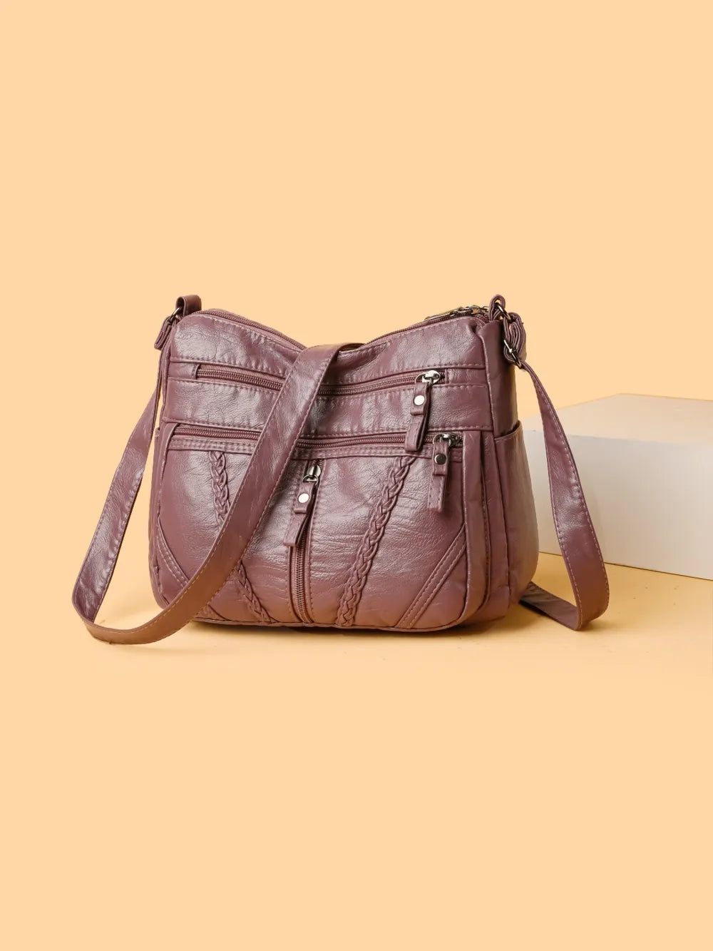 Gevlochten detail PU Lederen Crossbody Tas – Medium Schoudertas met Meerdere Ritsen voor Dames