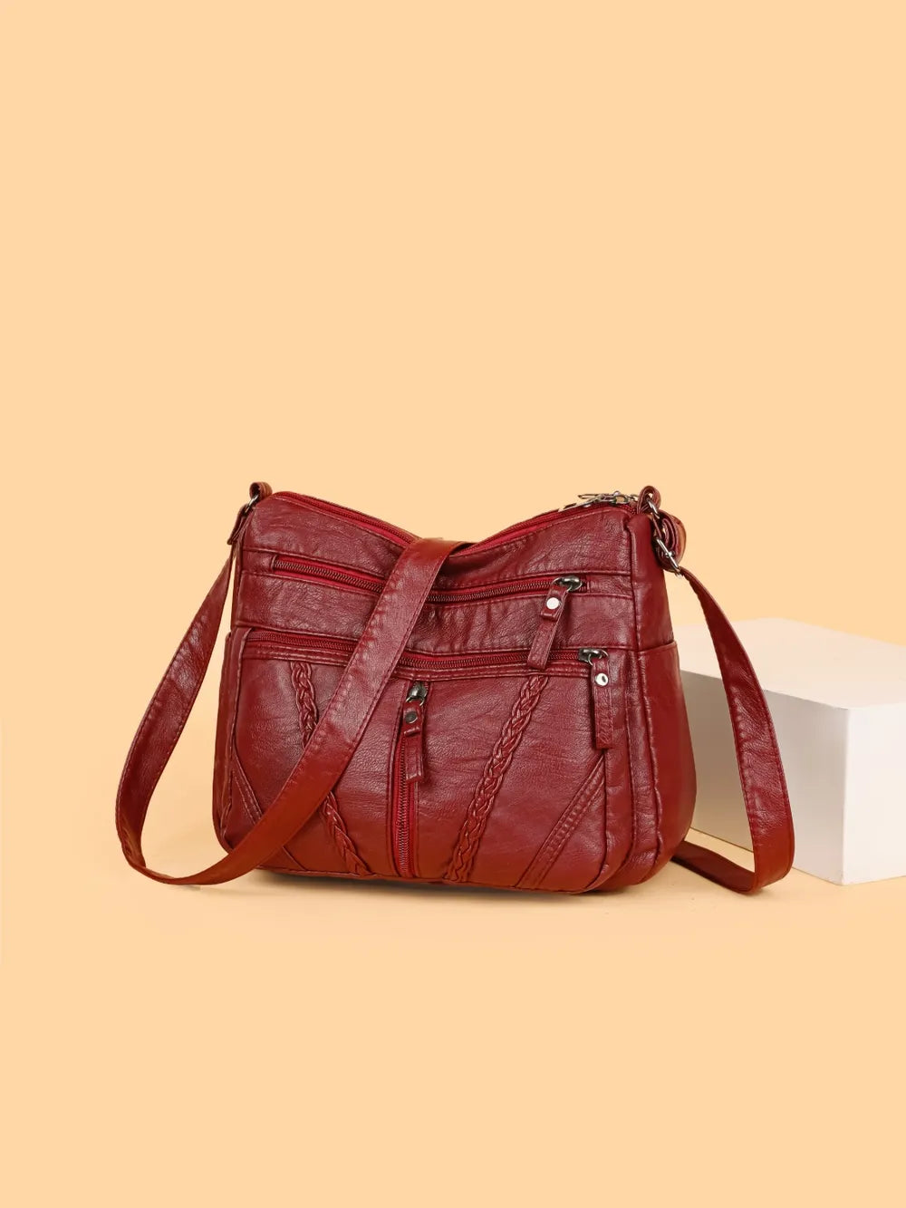 Gevlochten detail PU Lederen Crossbody Tas – Medium Schoudertas met Meerdere Ritsen voor Dames
