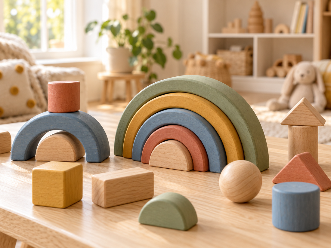 Colorful wooden stacking arches and blocks on a sunlit wooden play table