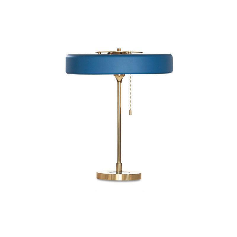 Mid-Century Round Table Lamp with Pull Chain Fabric Shade Warm LED Bedside Living Room — 3 Colors