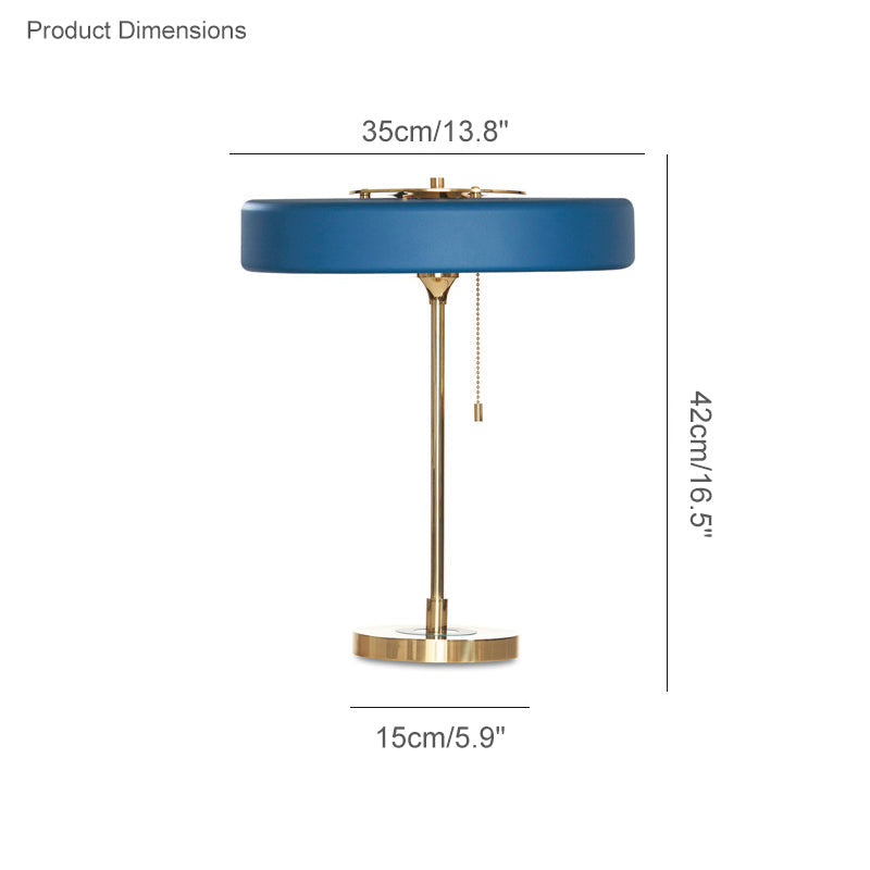 Mid-Century Round Table Lamp with Pull Chain Fabric Shade Warm LED Bedside Living Room — 3 Colors