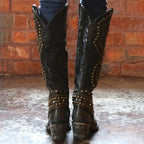 Women's Studded Knee High Boots - Mid Chunky Heel Tall Boots