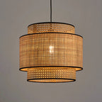 Ritta Wabi Sabi Tri-Layer Cylindrical Rattan/Metal Pendant Light, Wooden