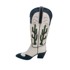 Women's Cactus Embroidered Western Cowboy Boots - Chunky Heel Mid-Calf Vintage