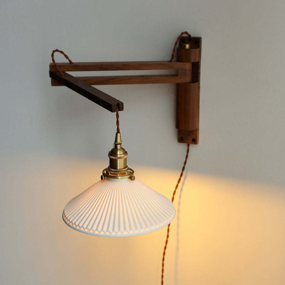 Muto Vintage Dome Ceramic & Wood Wall Lamp – Walnut Finish with Clear Shade