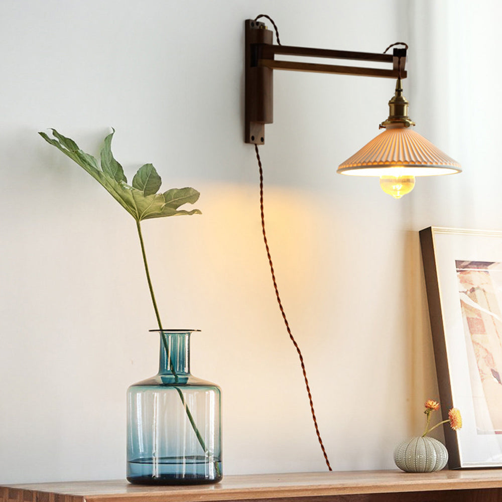 Muto Vintage Dome Ceramic & Wood Wall Lamp – Walnut Finish with Clear Shade
