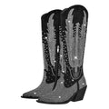 Women's Rhinestone Knee High Cowboy Boots - Black Glitter Western Boots Block Heel