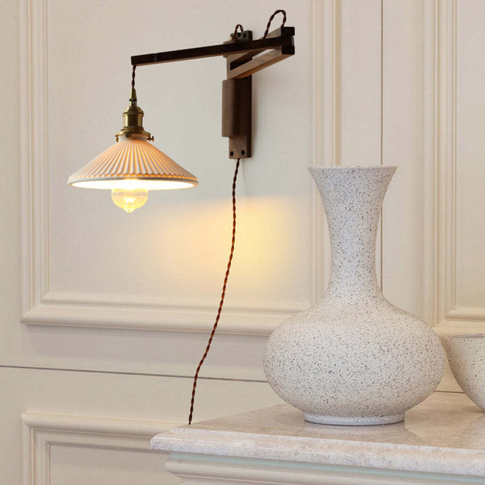 Muto Vintage Dome Ceramic & Wood Wall Lamp – Walnut Finish with Clear Shade