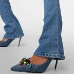 Crystal-embellished Denim High Heel Pumps