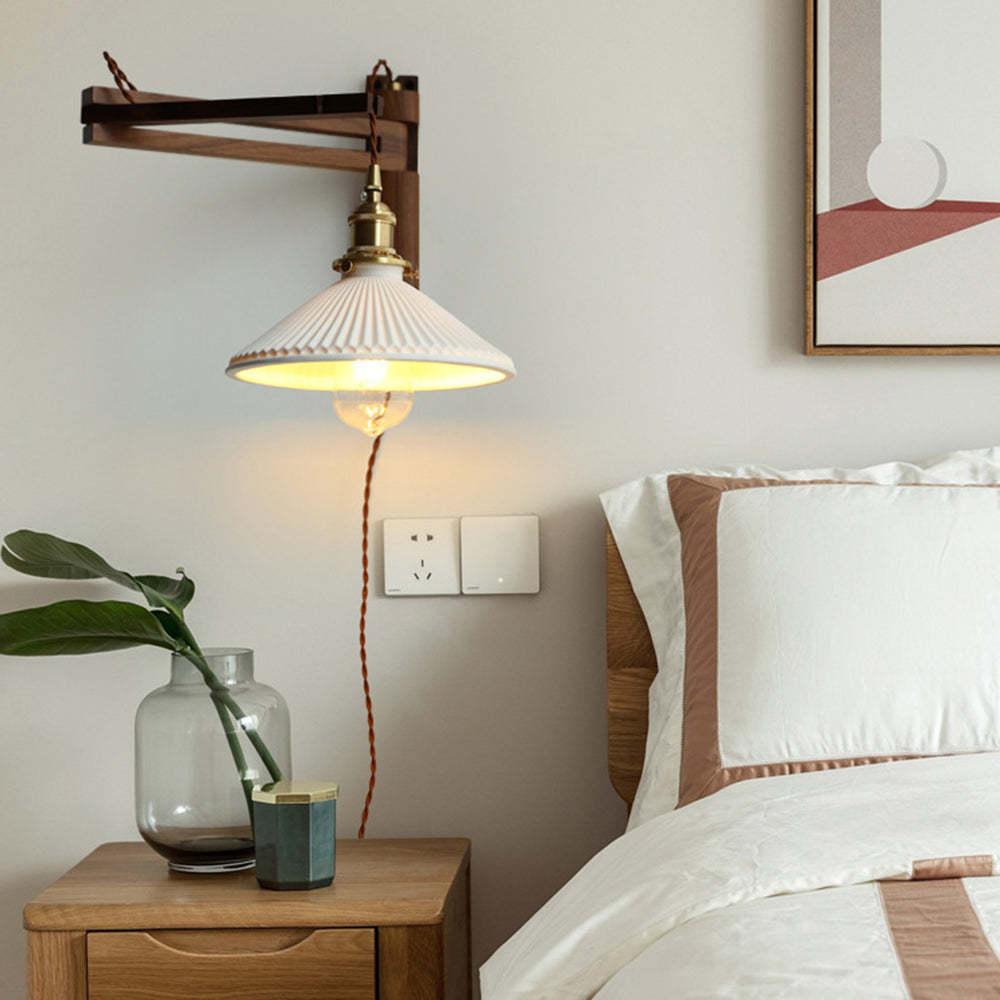 Muto Vintage Dome Ceramic & Wood Wall Lamp – Walnut Finish with Clear Shade