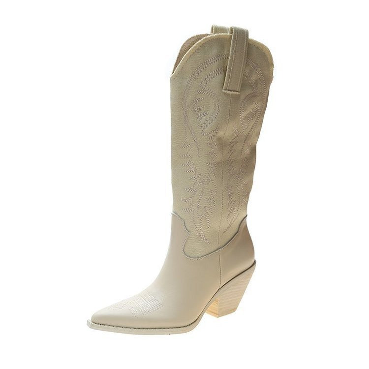 Women's Embossed Leather Western Cowboy Boots - Knee-High Wedge Heel Pointed Toe