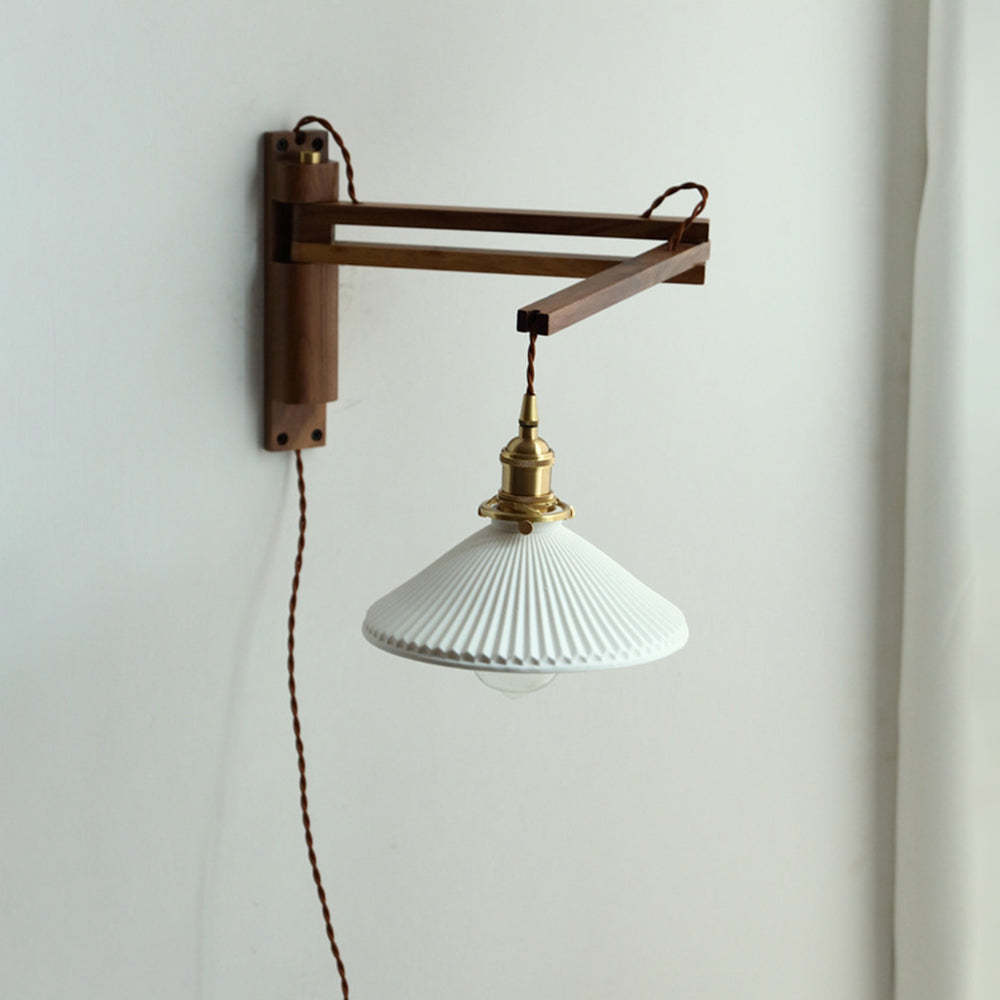 Muto Vintage Dome Ceramic & Wood Wall Lamp – Walnut Finish with Clear Shade
