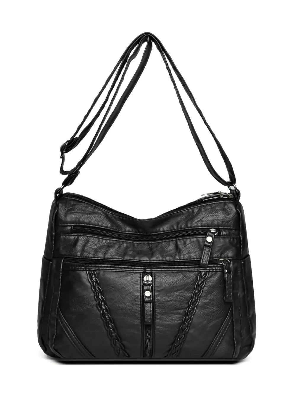 Sac à bandoulière en cuir synthétique tressé – Sac à main femme de taille moyenne avec plusieurs fermetures éclair