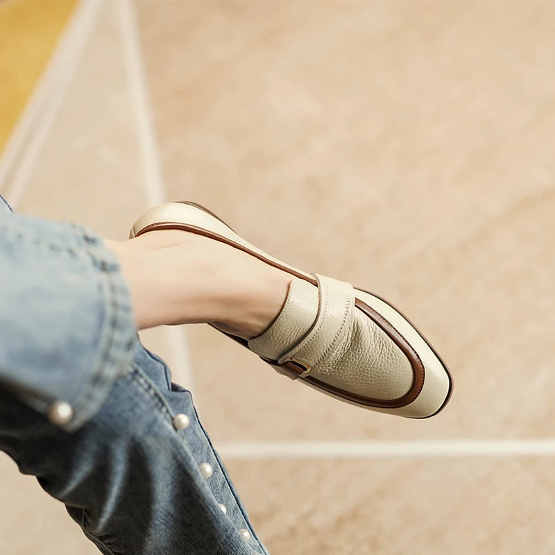 Spring Genuine Leather Women's Loafers - Retro Mixed Color Design