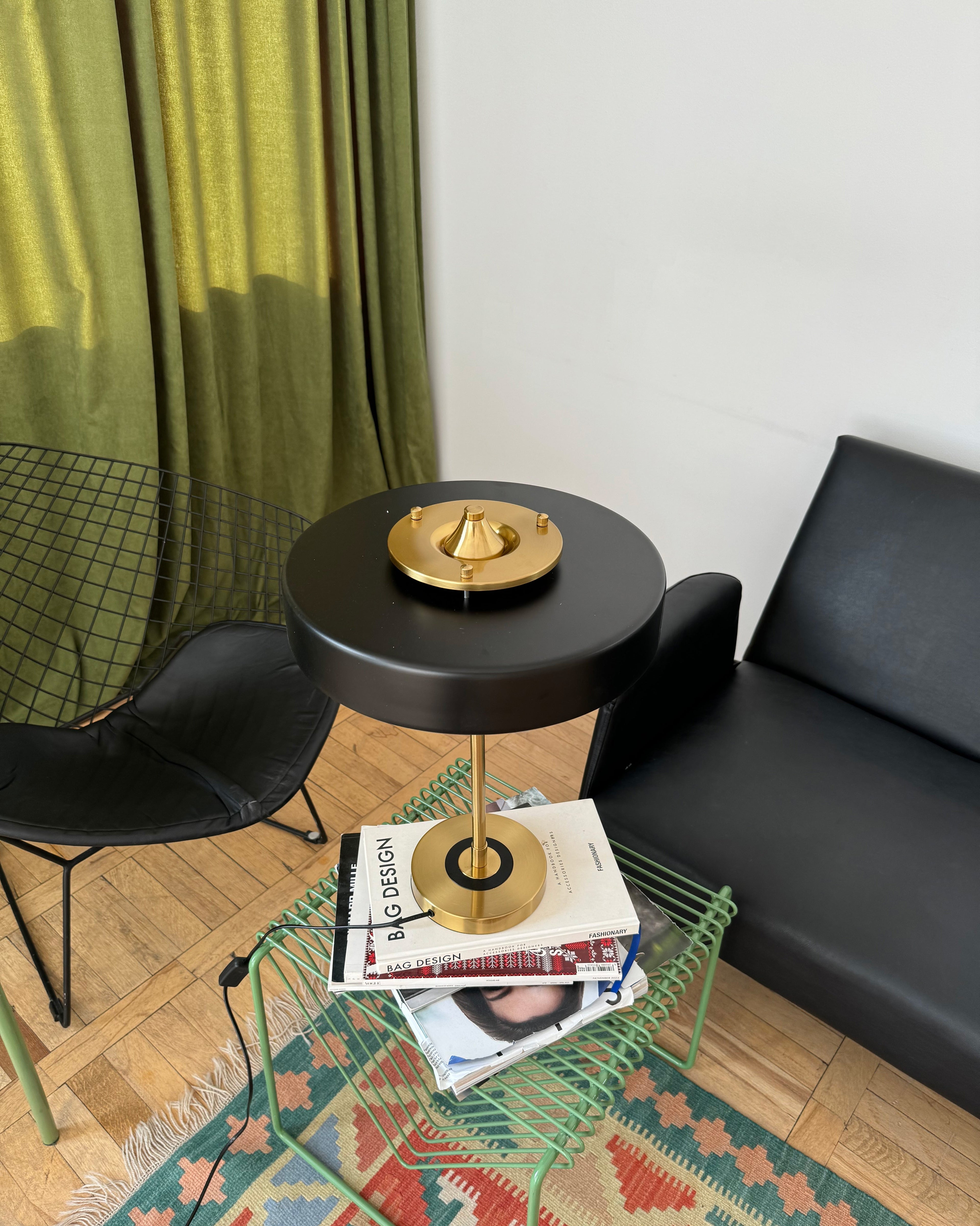 Mid-Century Round Table Lamp with Pull Chain Fabric Shade Warm LED Bedside Living Room — 3 Colors