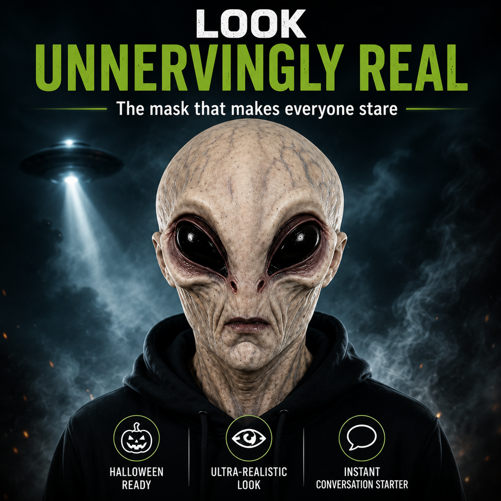 Hyper-realistic alien full head Halloween mask, product photo 10