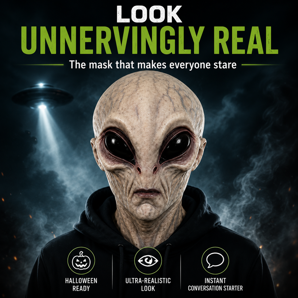 Hyper-realistic alien full head Halloween mask, product photo 10