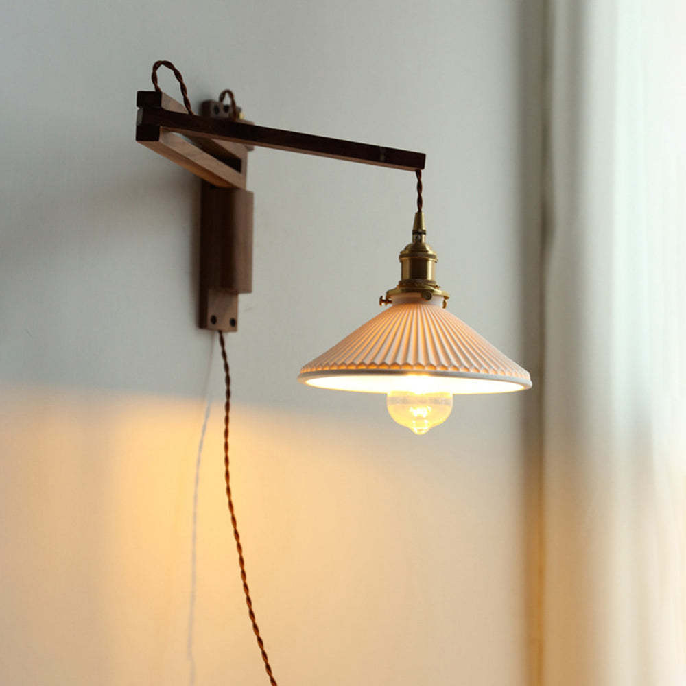 Muto Vintage Dome Ceramic & Wood Wall Lamp – Walnut Finish with Clear Shade