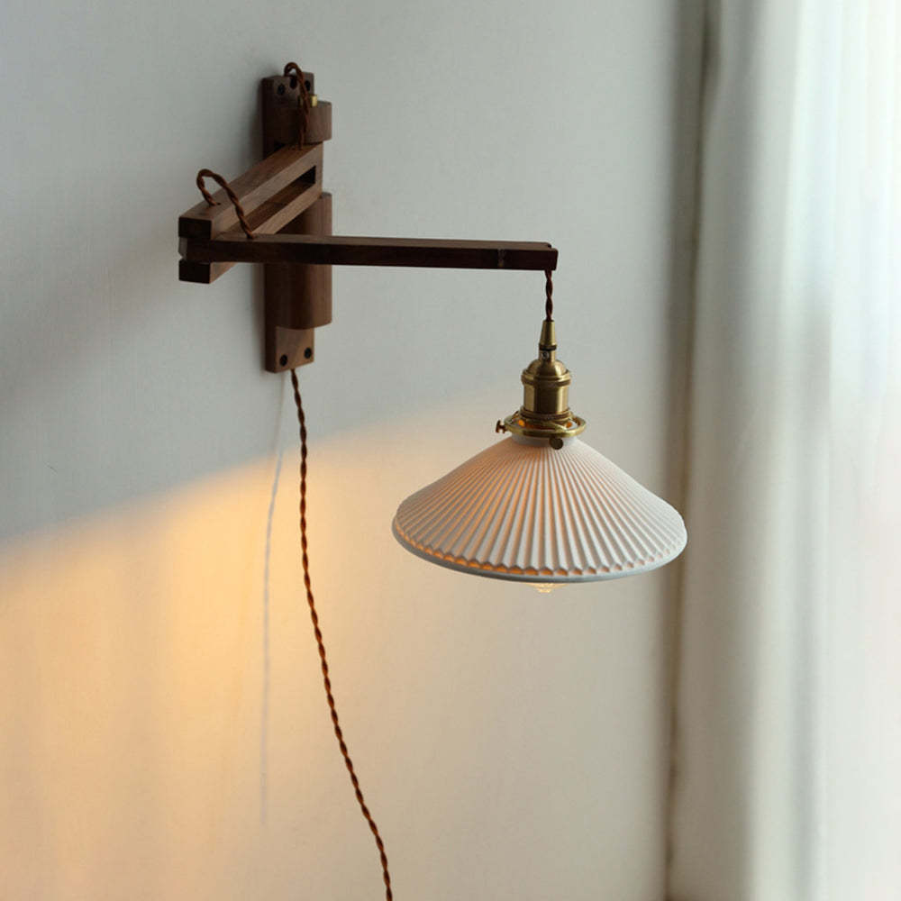 Muto Vintage Dome Ceramic & Wood Wall Lamp – Walnut Finish with Clear Shade