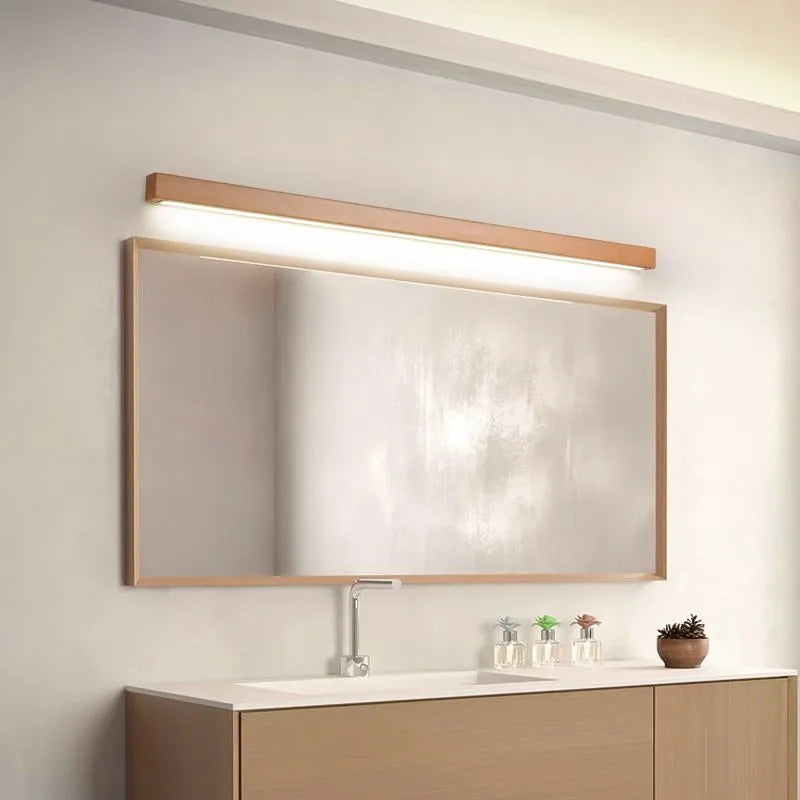 Muto Modern Linear Vanity Wall Lamp with Wooden Front and Mirror Finish