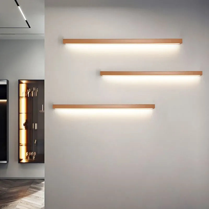 Muto Modern Linear Vanity Wall Lamp with Wooden Front and Mirror Finish