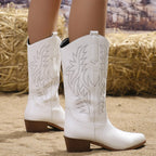 Women's Embroidered Ankle Boots - Chunky Heel Tribal Pattern Round Toe Martin Boots