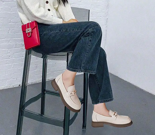 Women's Genuine Leather Loafers - British Style Slip-On Casual Shoes