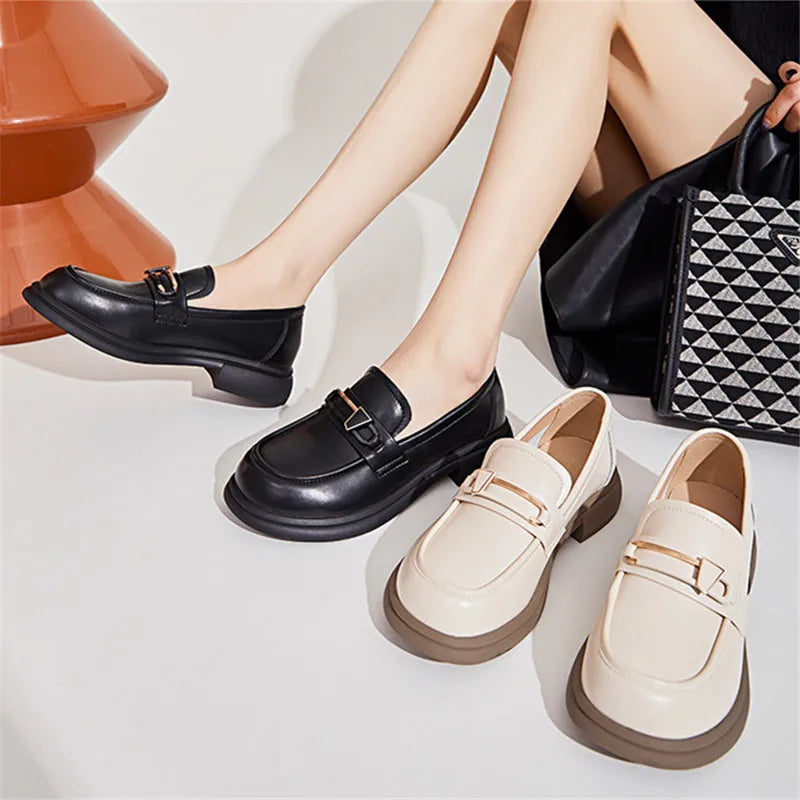 Women's Genuine Leather Loafers - British Style Slip-On Casual Shoes
