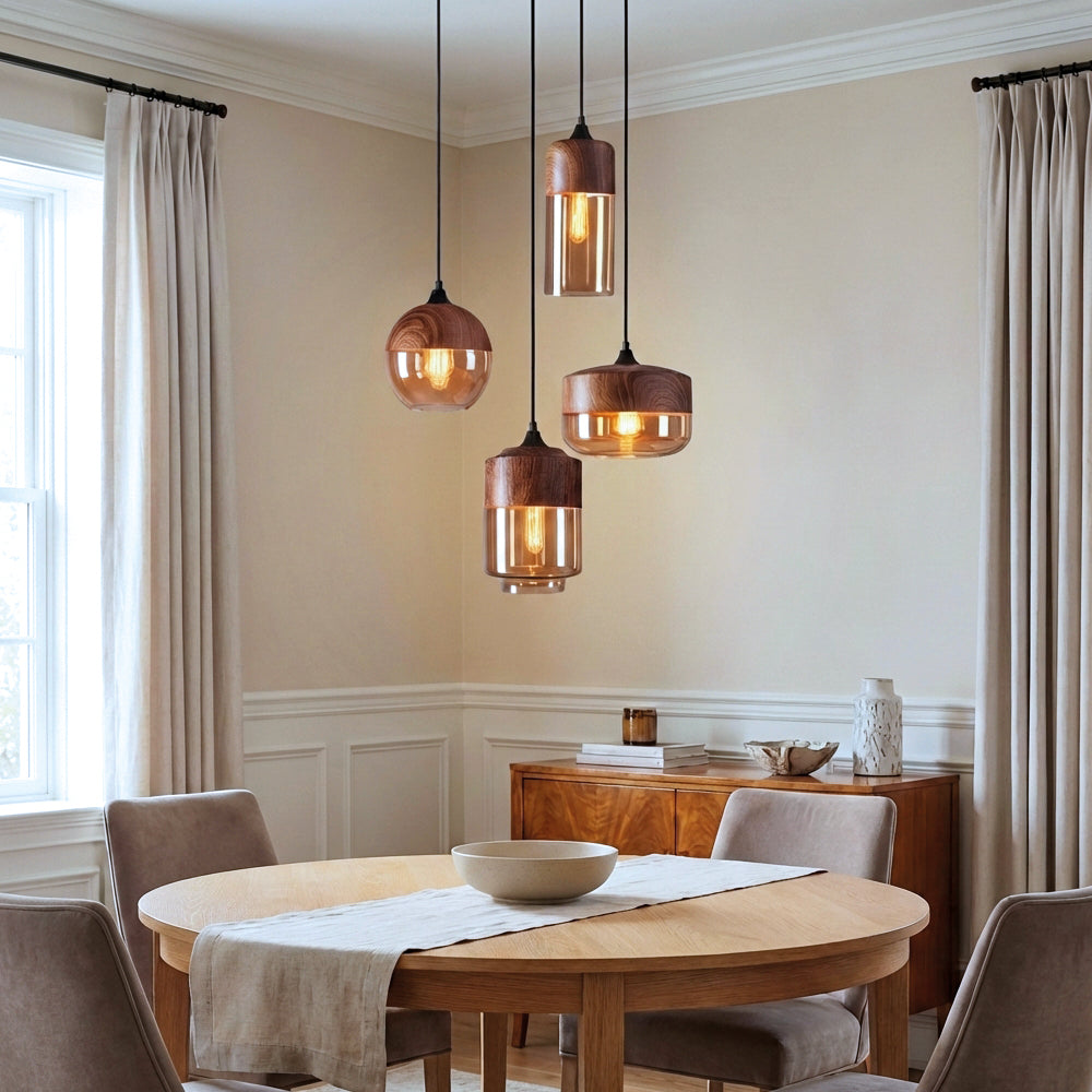 Wood Color Glass LED Pendant Lamp Minimalist Dining Room Bedroom Kitchen — 4 Styles