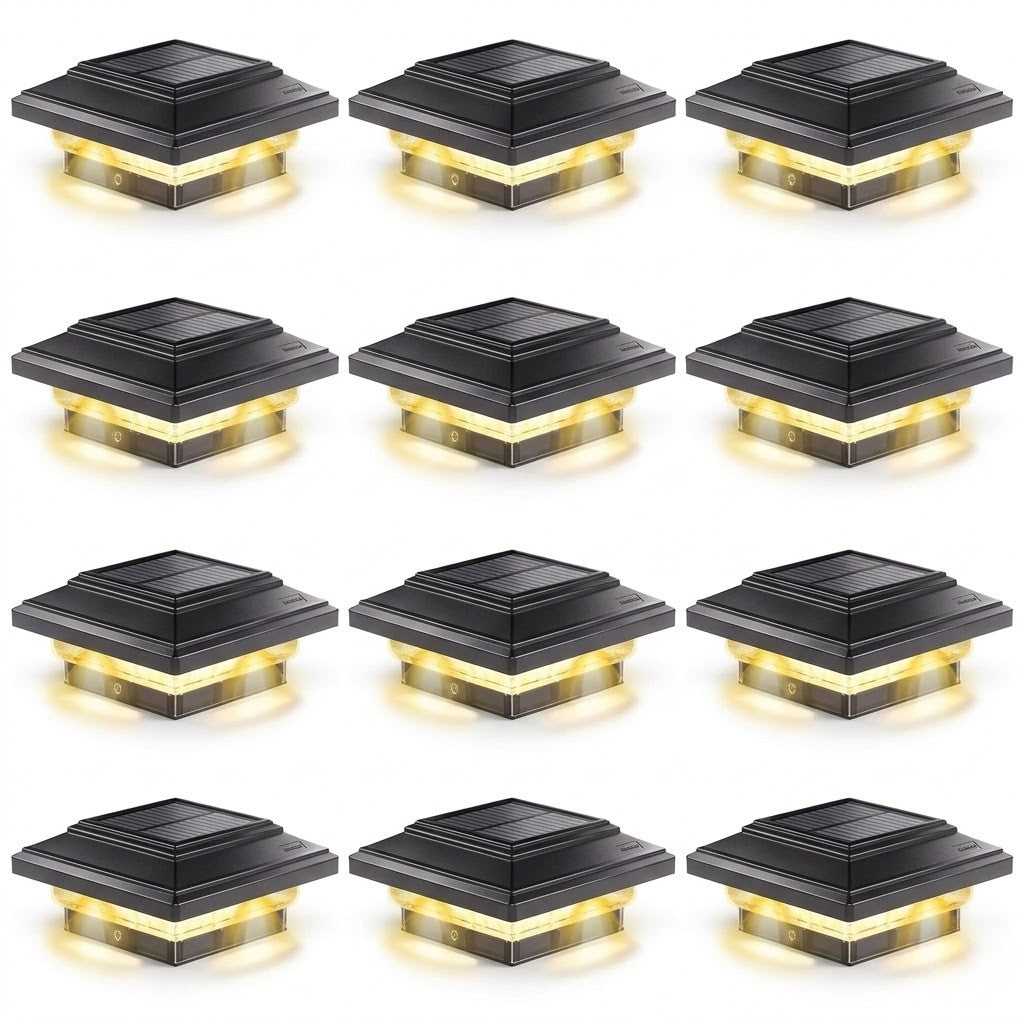 Solar Fence Post Cap Lights Warm Amber LED Waterproof Outdoor 4x4 Inch — 10, 16 & 20-Pack
