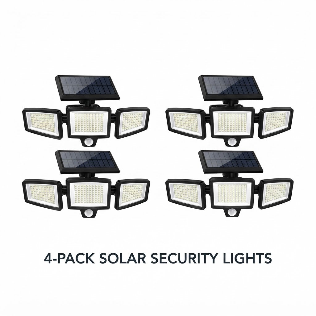 Solar Motion Security Flood Light 3-Head 182 LED IP65 Outdoor — 1, 2 & 4-Pack