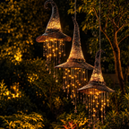 Halloween witch hat decoration shown from the side with its lighting on