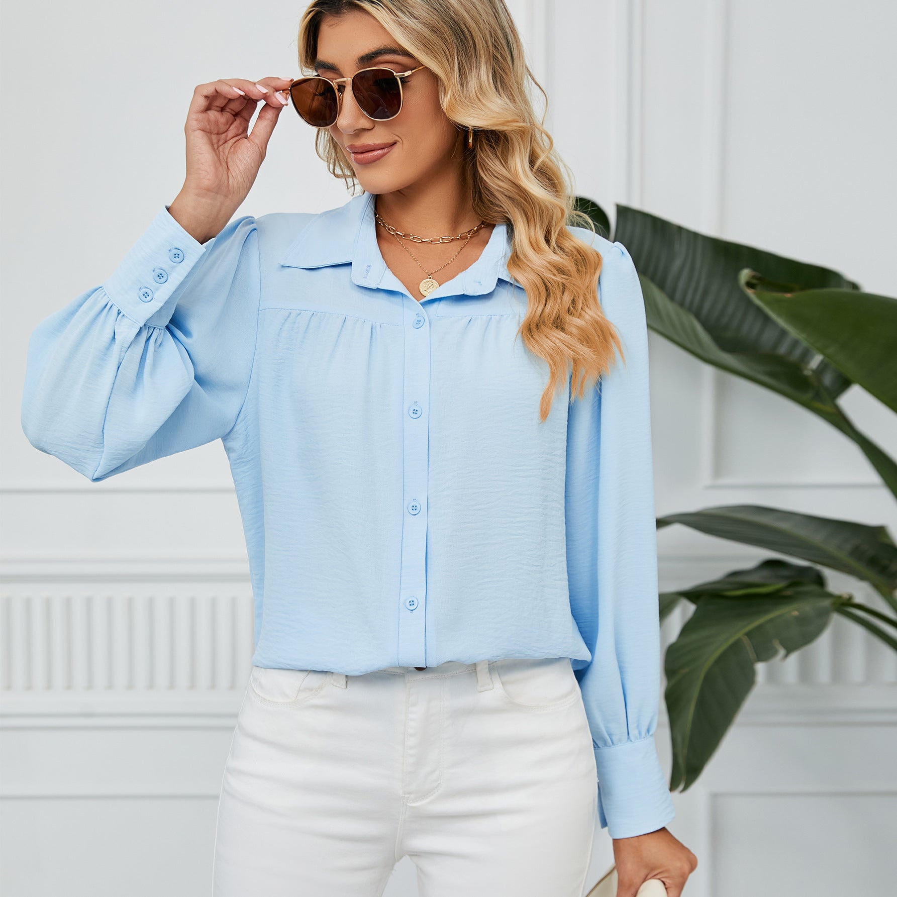 Amazirhub | Women’s Long Sleeve Button-Up Blouse Shirt – Elegant Relaxed Fit Top