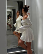 Women's Off-Shoulder Sweater Dress | Ribbed Knit High Waist A-Line Mini