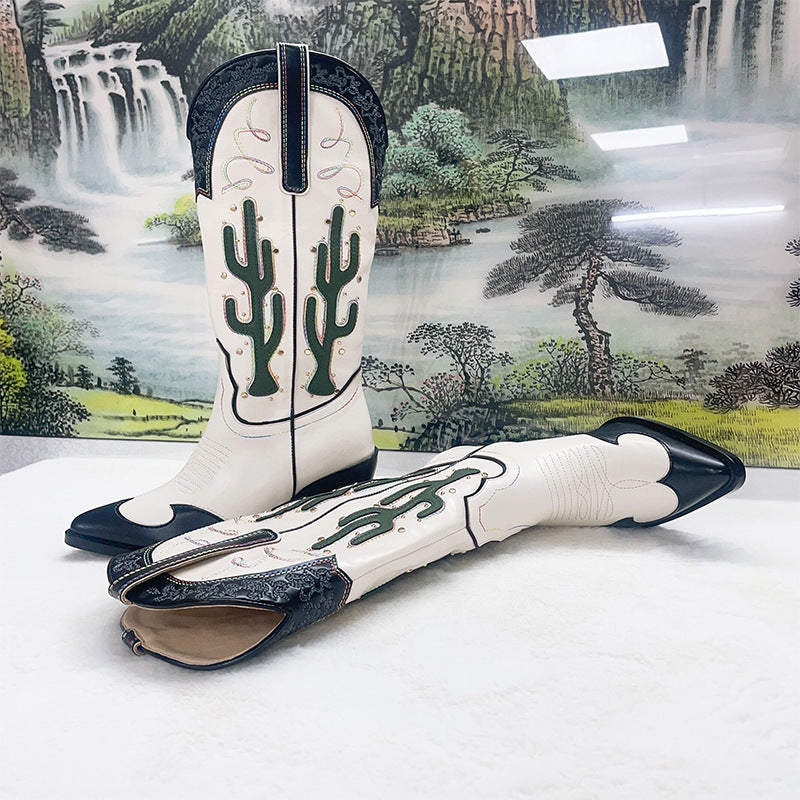 Women's Cactus Embroidered Western Cowboy Boots - Chunky Heel Mid-Calf Vintage