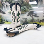 Women's Cactus Embroidered Western Cowboy Boots - Chunky Heel Mid-Calf Vintage