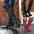 Women's Studded Knee High Boots - Mid Chunky Heel Tall Boots