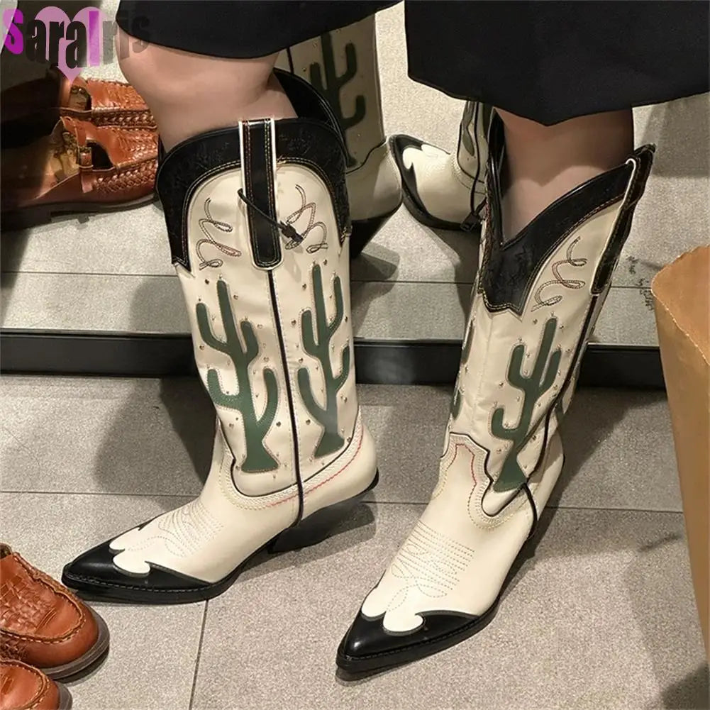 Women's Cactus Embroidered Western Cowboy Boots - Chunky Heel Mid-Calf Vintage