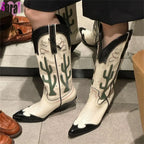 Women's Cactus Embroidered Western Cowboy Boots - Chunky Heel Mid-Calf Vintage