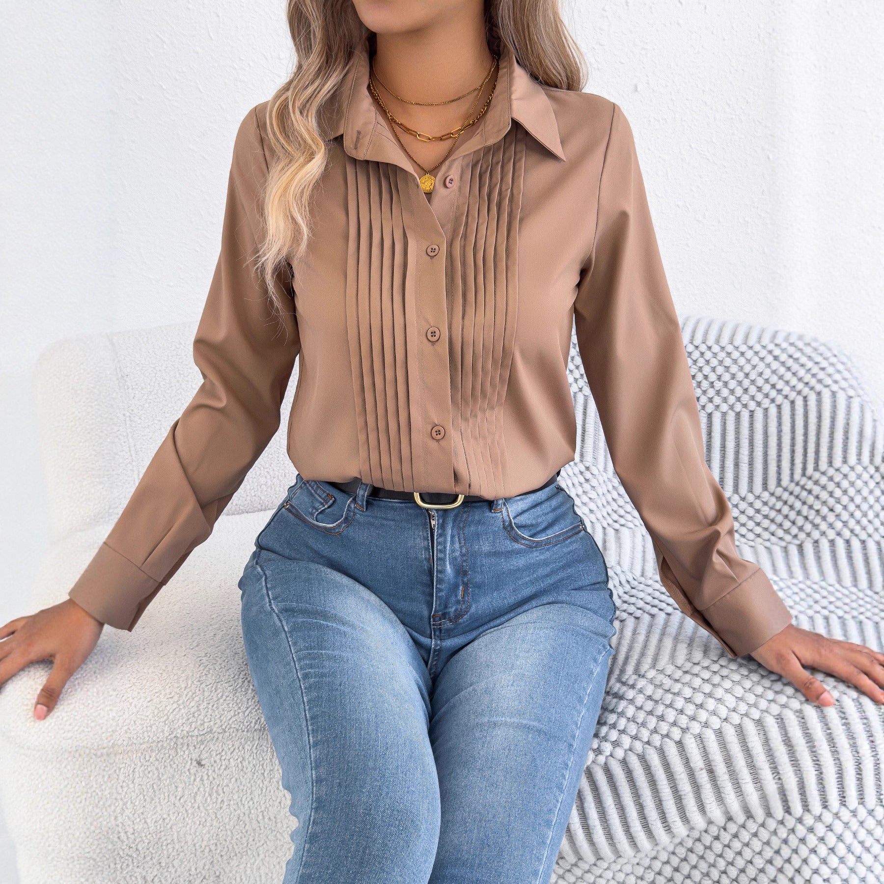 Elan | Tailored Pleated Blouse – Chic Button-Up Shirt for Women