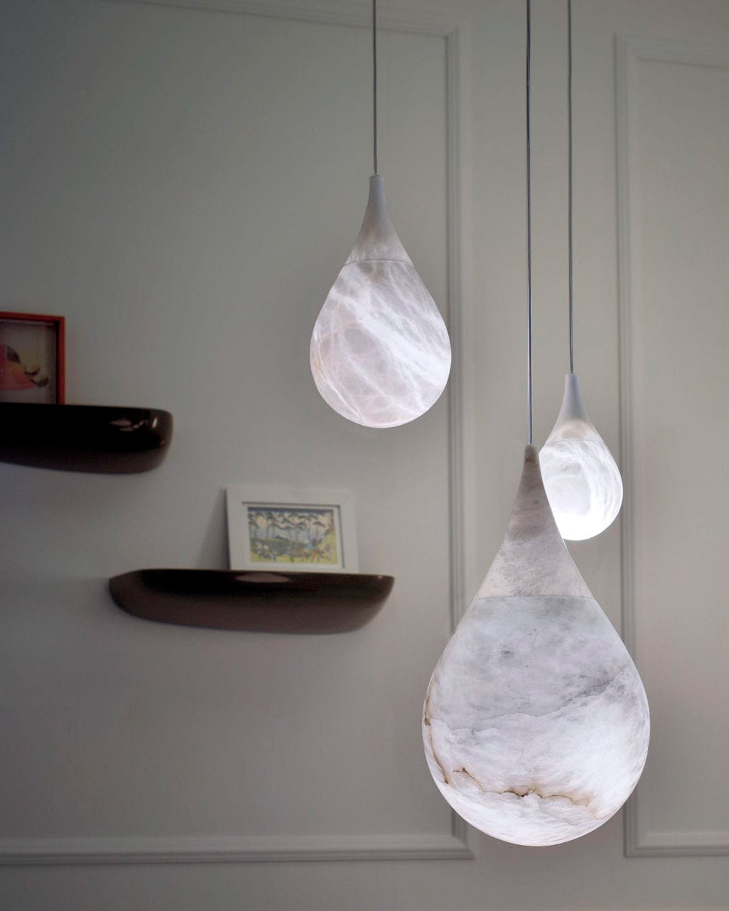 Alabaster Raindrop Pendant Light Natural Stone Teardrop LED Warm White Dining Bedroom — Brass Hardware
