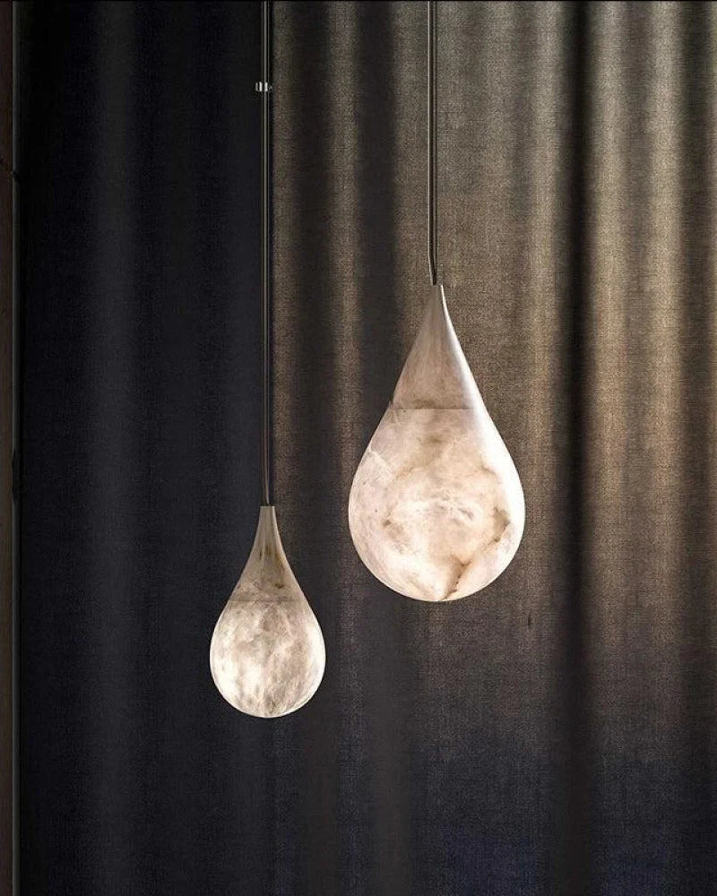 Alabaster Raindrop Pendant Light Natural Stone Teardrop LED Warm White Dining Bedroom — Brass Hardware