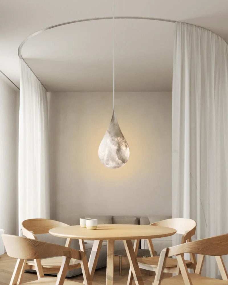 Alabaster Raindrop Pendant Light Natural Stone Teardrop LED Warm White Dining Bedroom — Brass Hardware