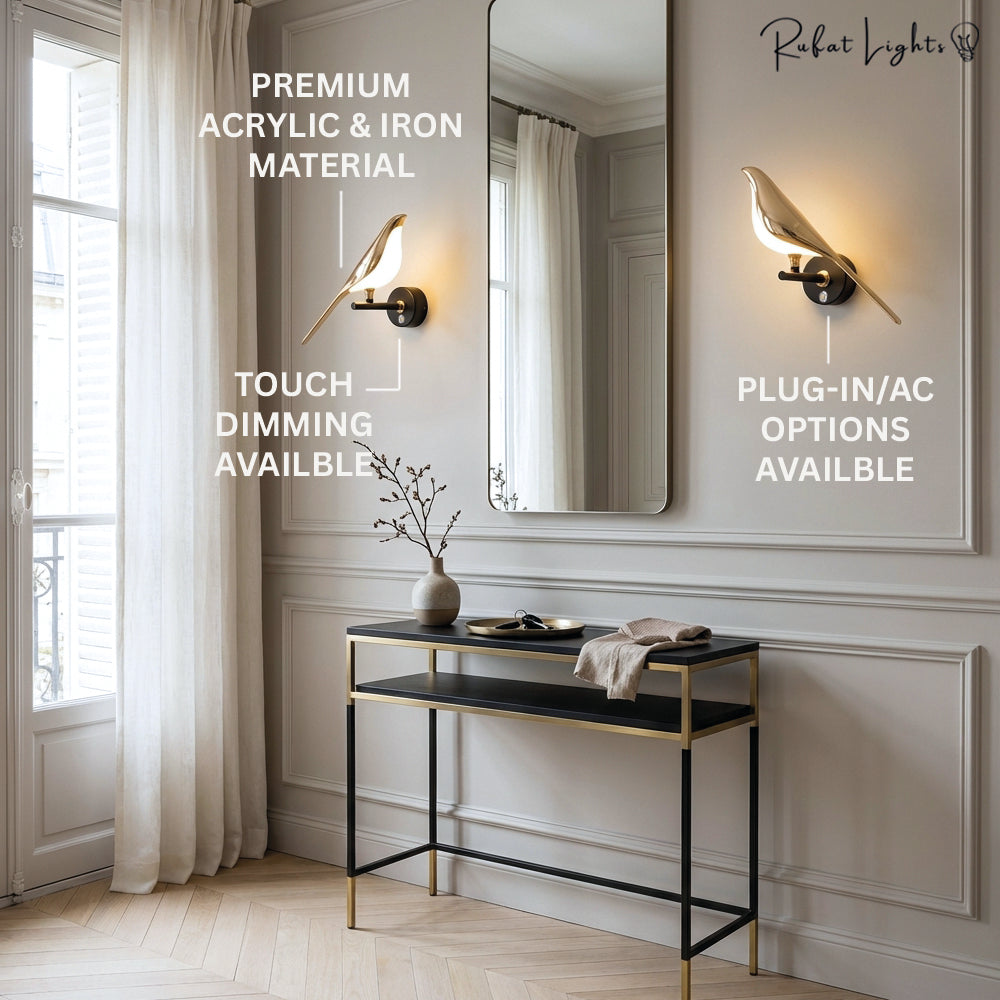 Nordic Magpie Golden Bird Wall Light Art Deco LED Bedroom Living Room — Warm Cool White