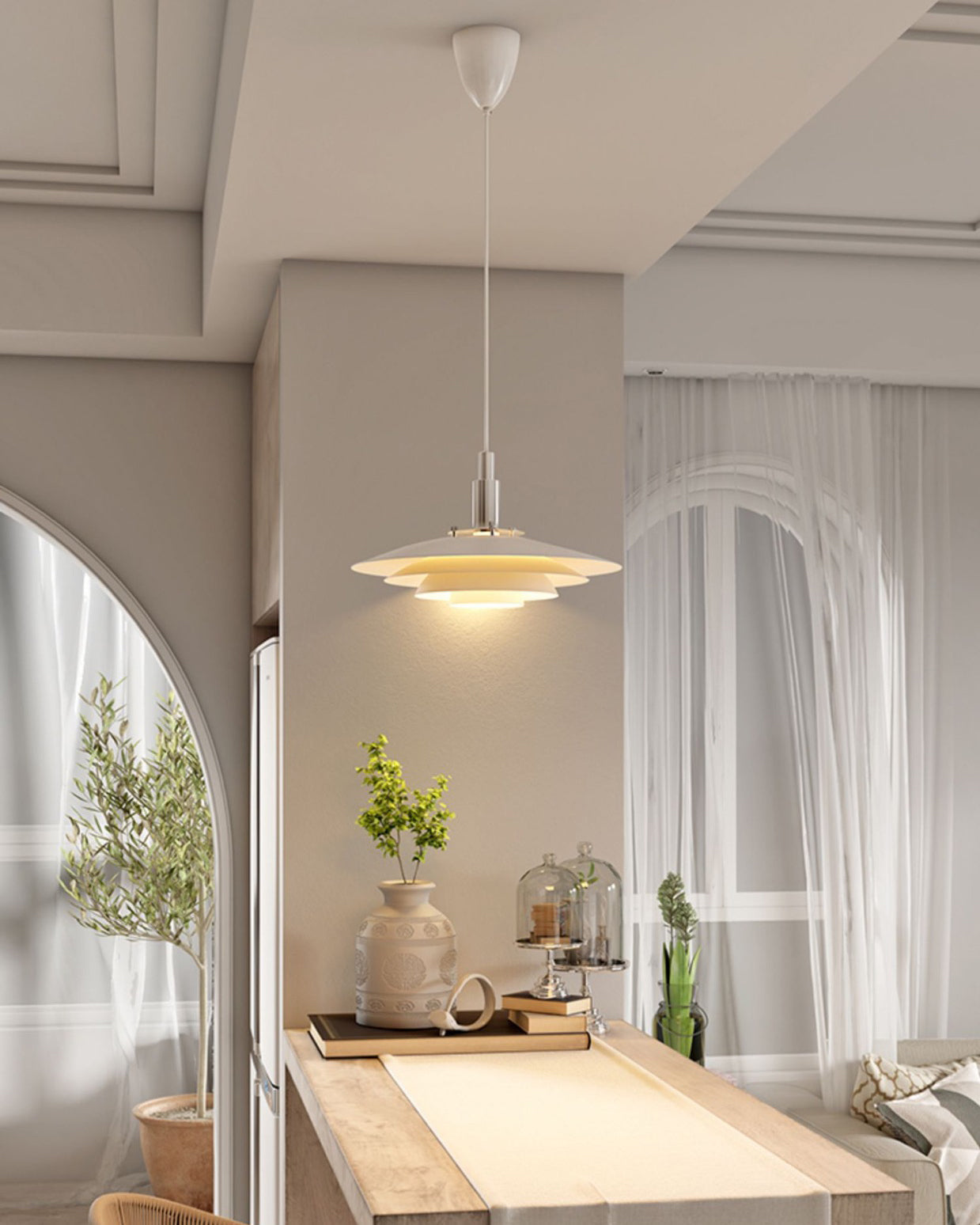 White Danish Designer Pendant Light Minimalist Sculptural LED Dining Room Living Room — 2 Sizes
