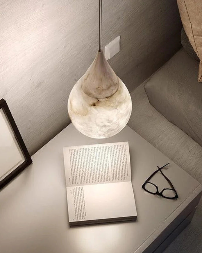 Alabaster Raindrop Pendant Light Natural Stone Teardrop LED Warm White Dining Bedroom — Brass Hardware