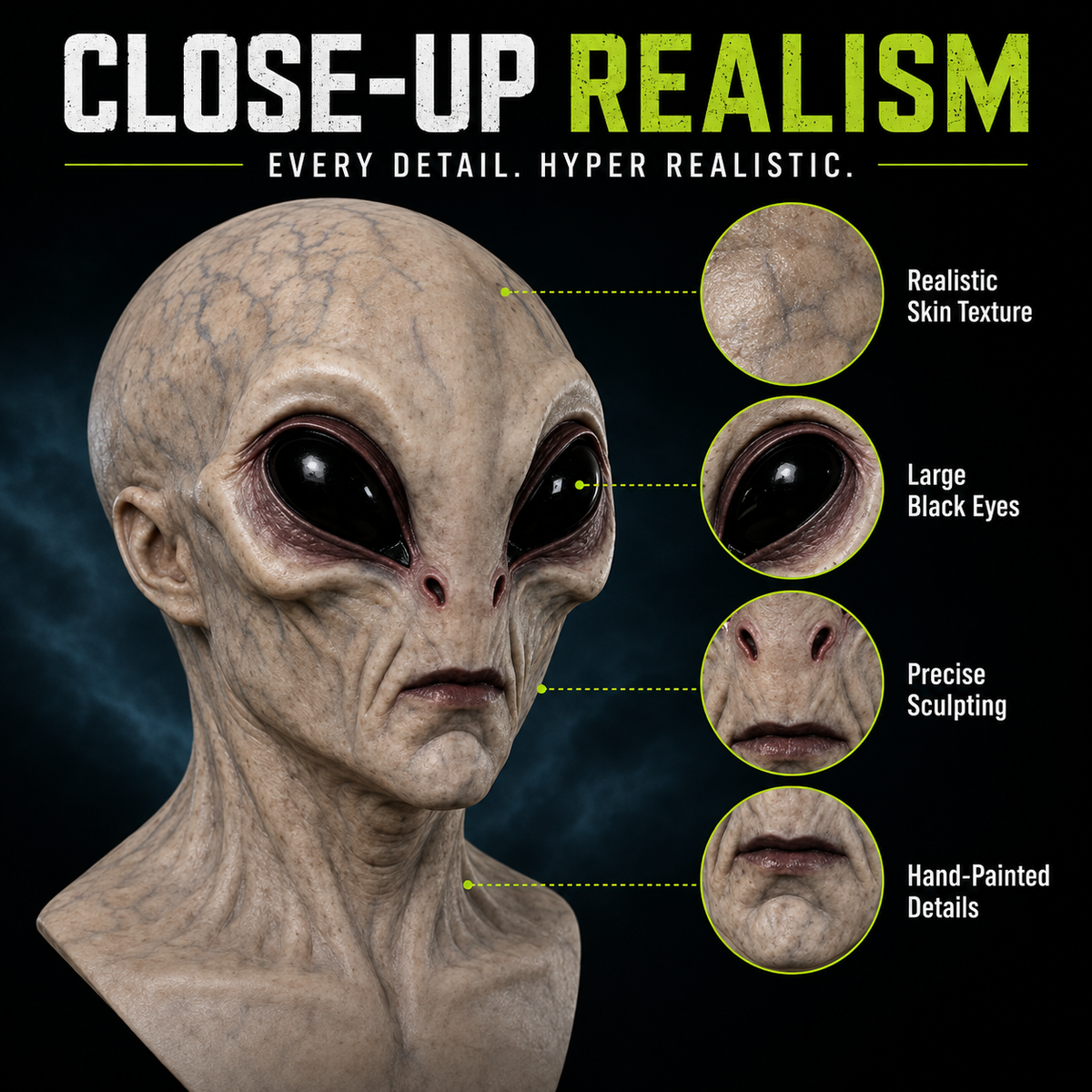 Hyper-realistic alien full head Halloween mask, close-up texture detail