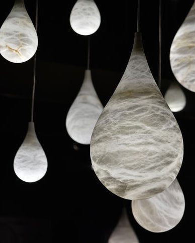 Alabaster Raindrop Pendant Light Natural Stone Teardrop LED Warm White Dining Bedroom — Brass Hardware