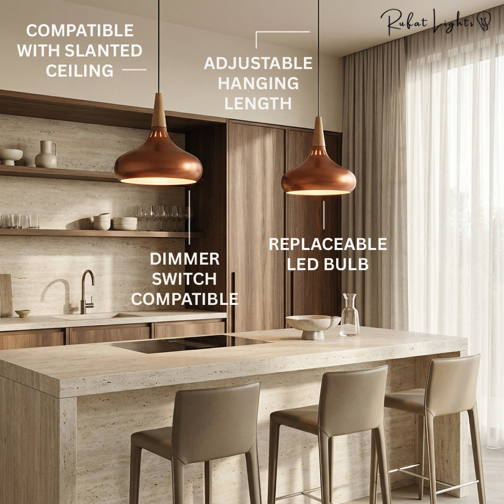 Nordic Wood Metal Pendant Light Height Adjustable Dining Room Bar Kitchen — Multi Colors 8 Inch